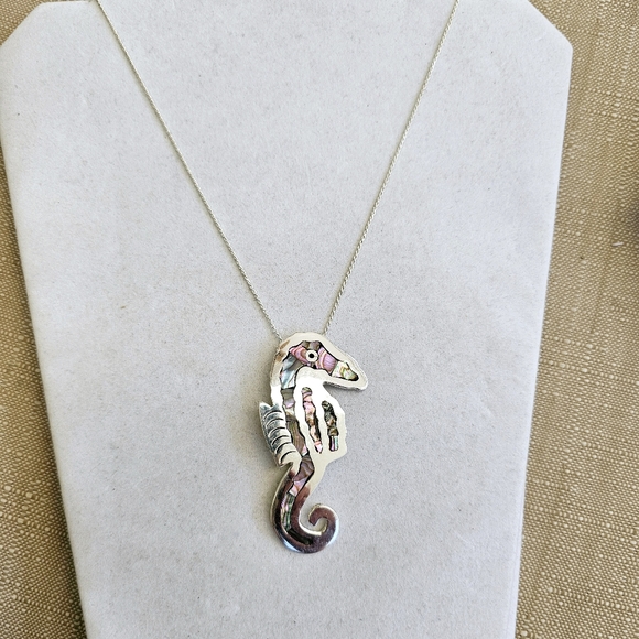 925 Alpaca Mexico Abalone Inlay Vintage Seahorse Pendant/Brooch Necklace - Picture 5 of 13